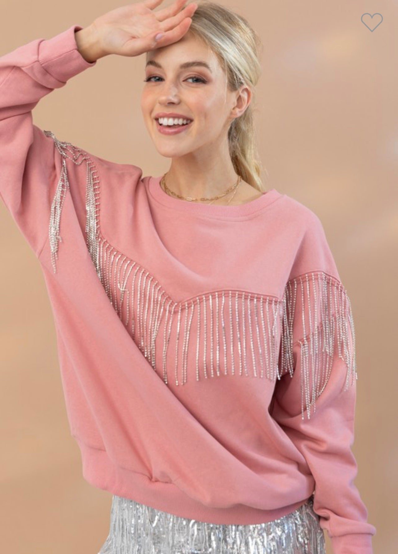 Penelope - Pink Rhinestone Fringe Crewneck Sweater